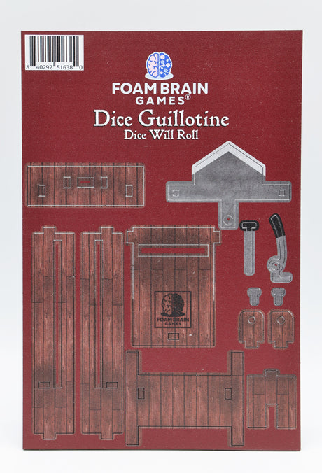 MDF Board with "Foam Brain Games Dice Guillotine. Dice Will Roll" printed on top. Unassembled pieces of toy with maroon background