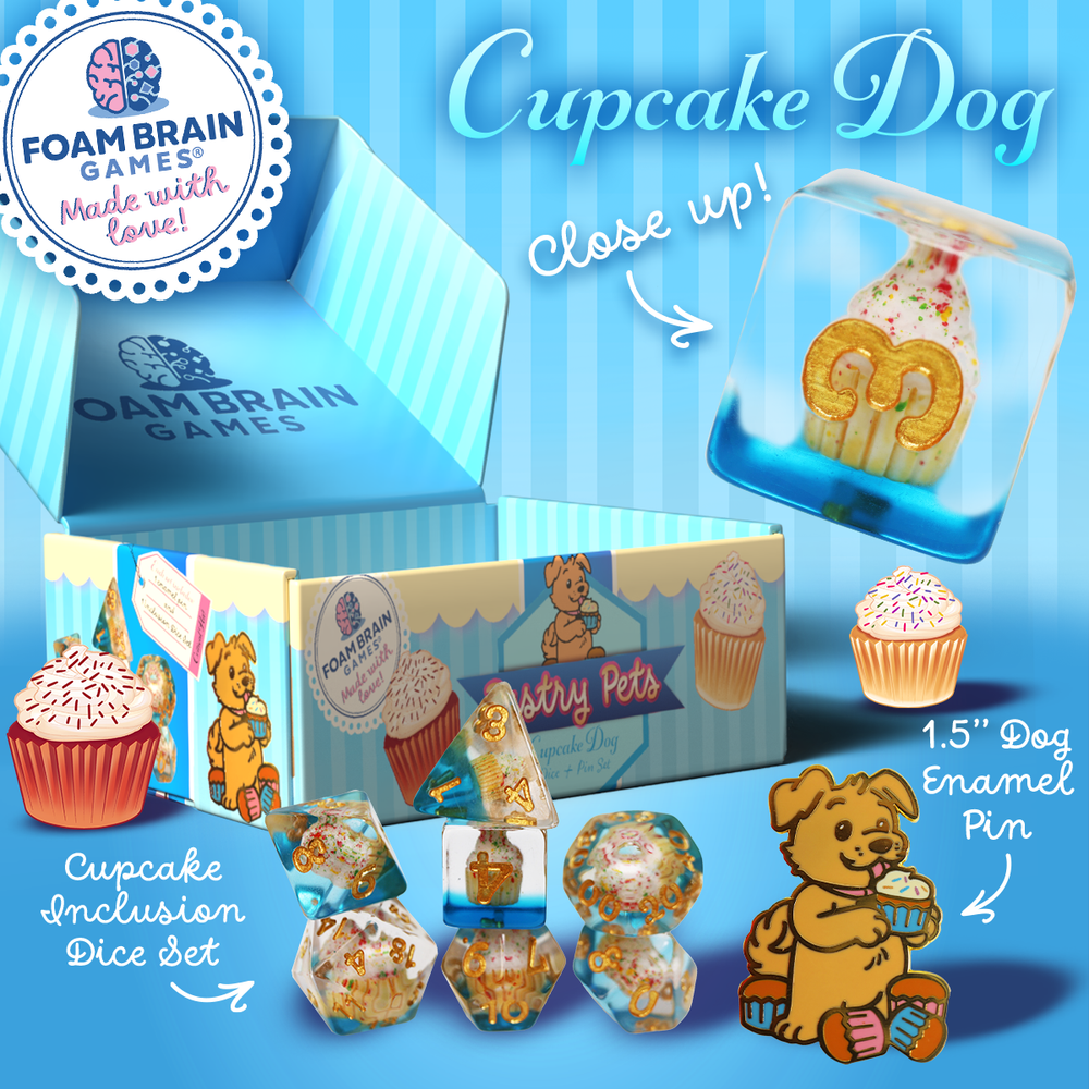 Pastry Pets: Cupcake Dog - Pin & RPG Dice Set Plastic Dice & Pin Set Foam Brain Games