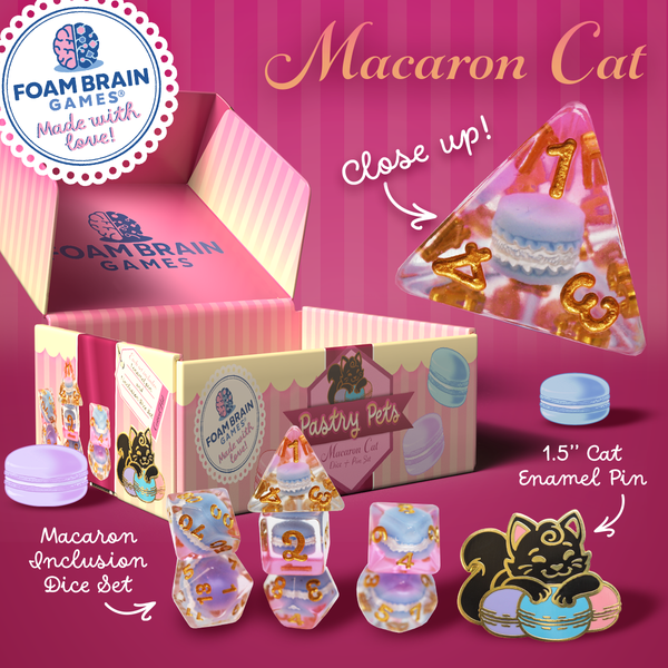 Pastry Pets: Macaron Cat - Pin & RPG Dice Set Plastic Dice & Pin Set Foam Brain Games