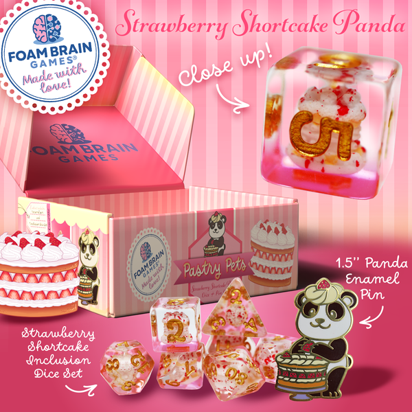 Pastry Pets: Strawberry Shortcake Panda - Pin & RPG Dice Set Plastic Dice & Pin Set Foam Brain Games