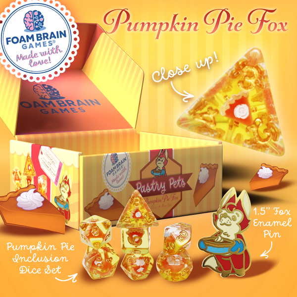 Pastry Pets: Pumpkin Pie Fox - Pin & RPG Dice Set Plastic Dice & Pin Set Foam Brain Games