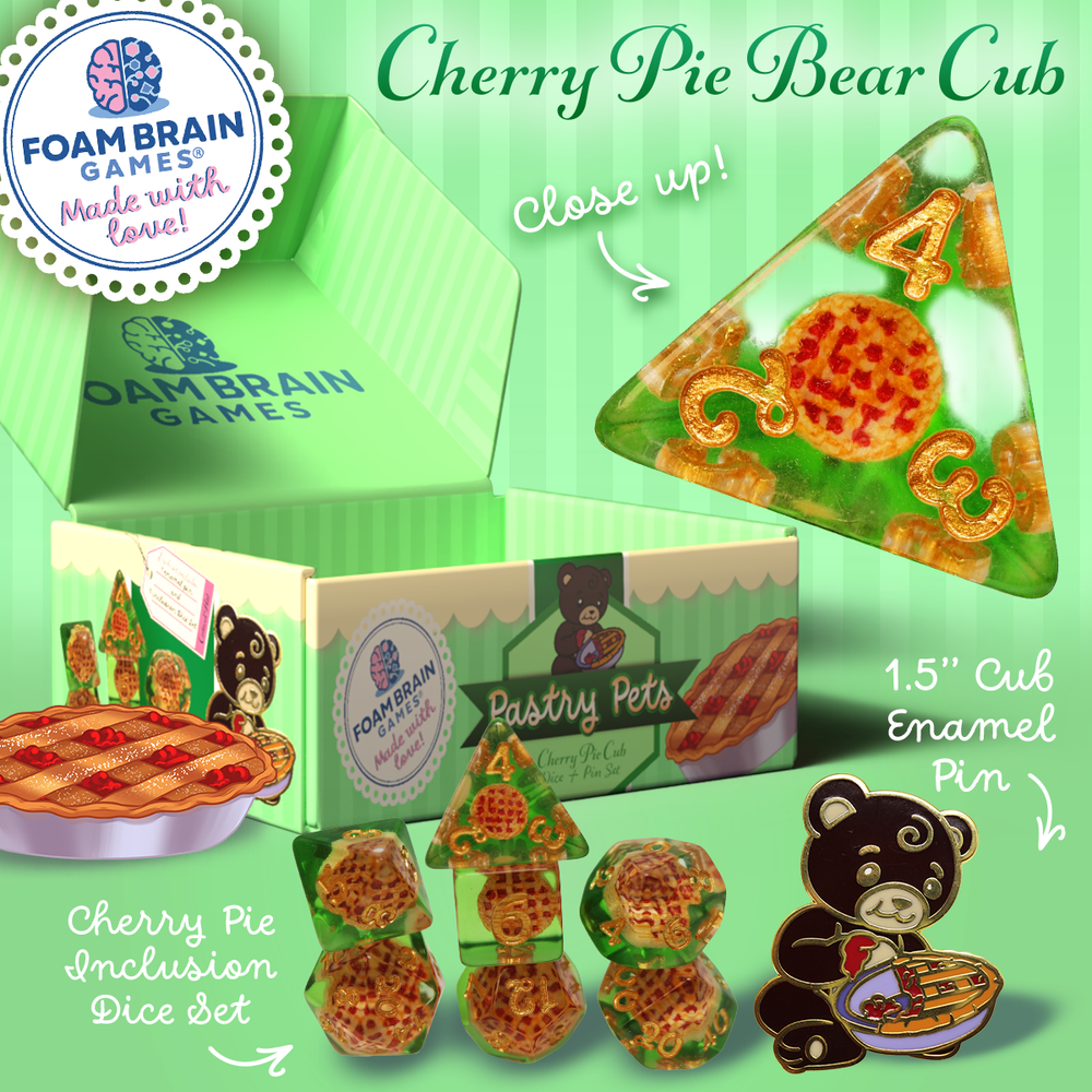 Pastry Pets: Cherry Pie Bear Cub - Pin & RPG Dice Set Plastic Dice & Pin Set Foam Brain Games