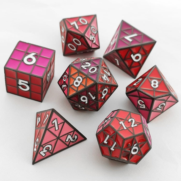 Puzzle Cube: Shades of Red - Metal 8 piece Dice Set Metal Dice Foam Brain Games