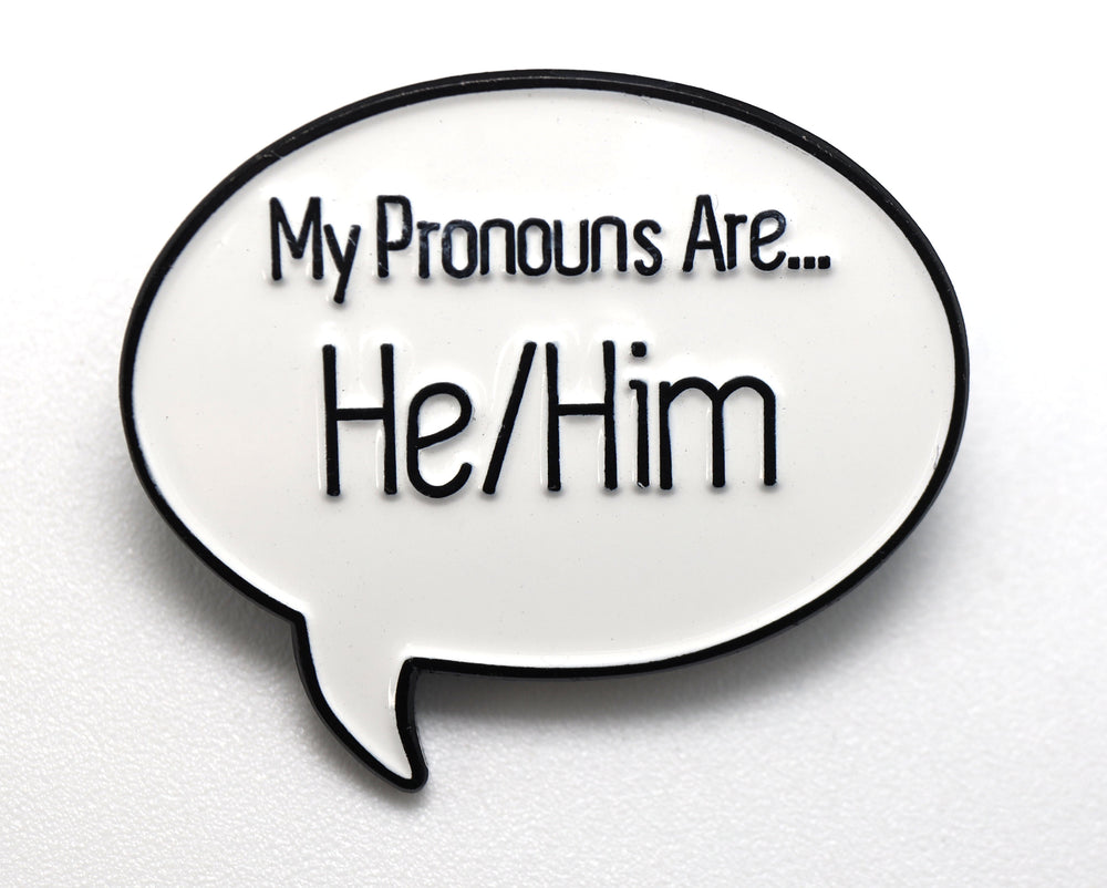 Speech Bubble Pin: He/Him Pronouns Enamel Pin cardboard clothing