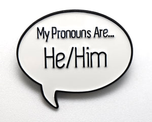 Speech Bubble Pin: He/Him Pronouns Enamel Pin cardboard clothing