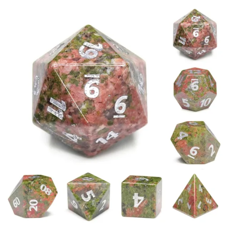 Unakite Gemstone - Engraved with Silver Stone Dice Foam Brain Games
