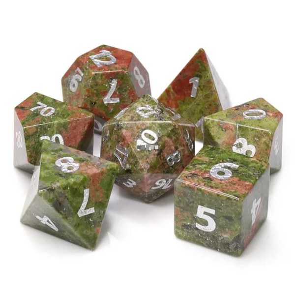 Unakite Gemstone - Engraved with Silver Stone Dice Foam Brain Games