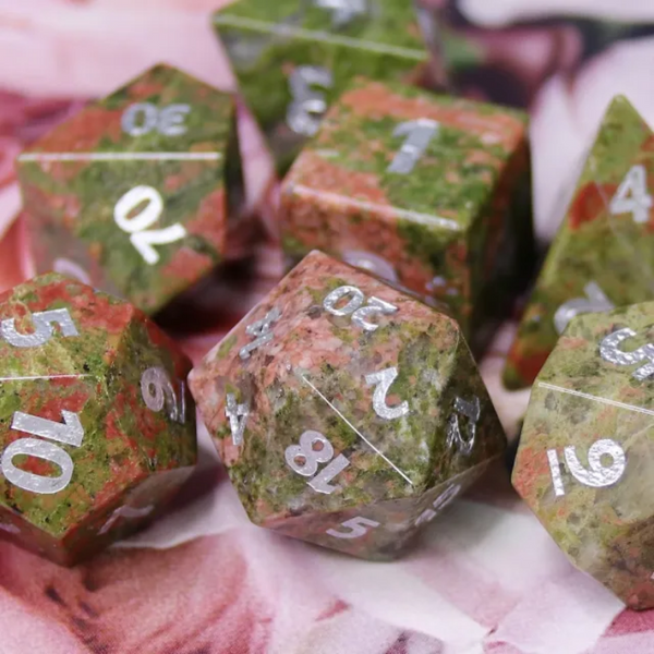 Unakite Gemstone - Engraved with Silver Stone Dice Foam Brain Games