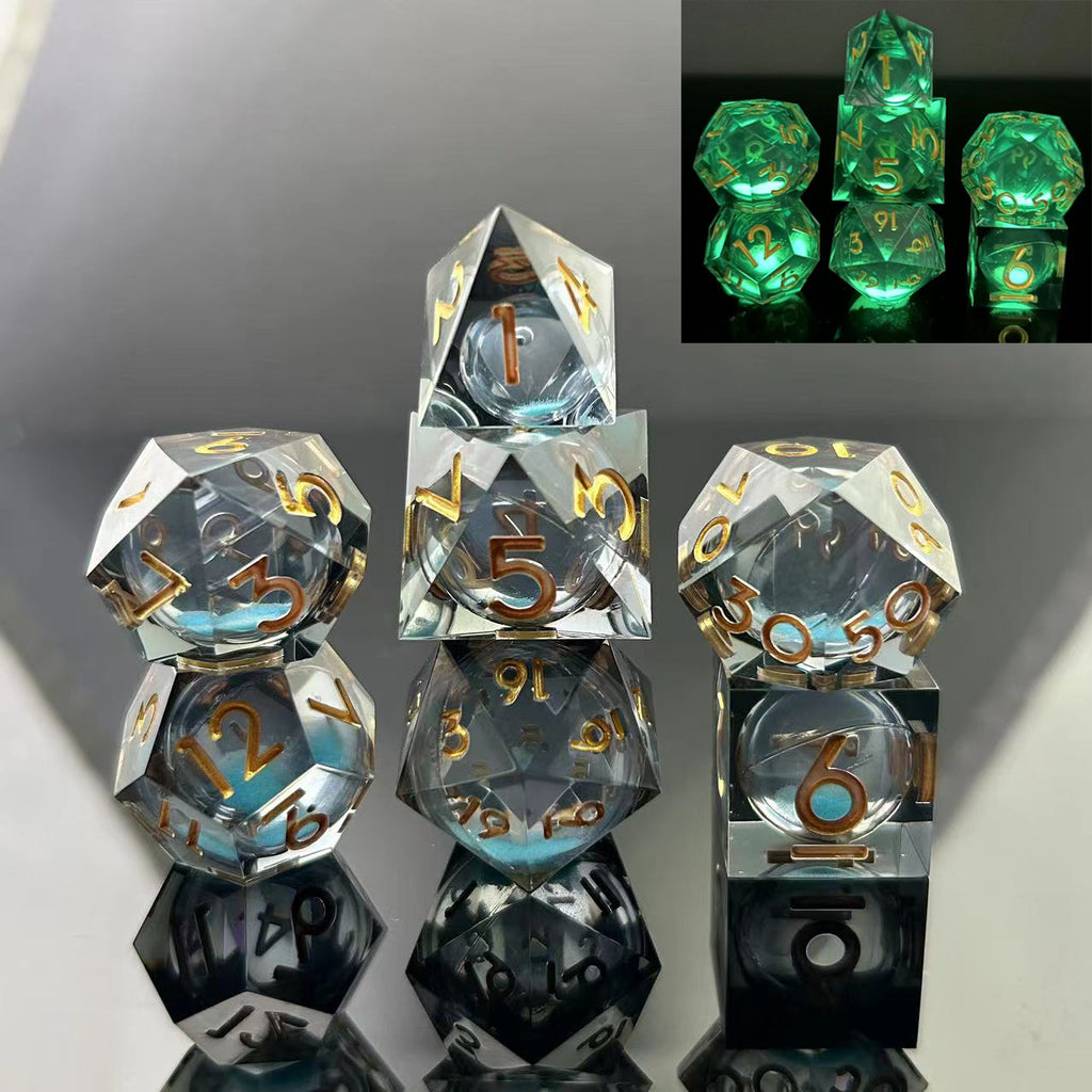 Sharp Edge Glow in the Dark Liquid Core RPG Dice Set - Blue Specter Plastic Dice Foam Brain Games