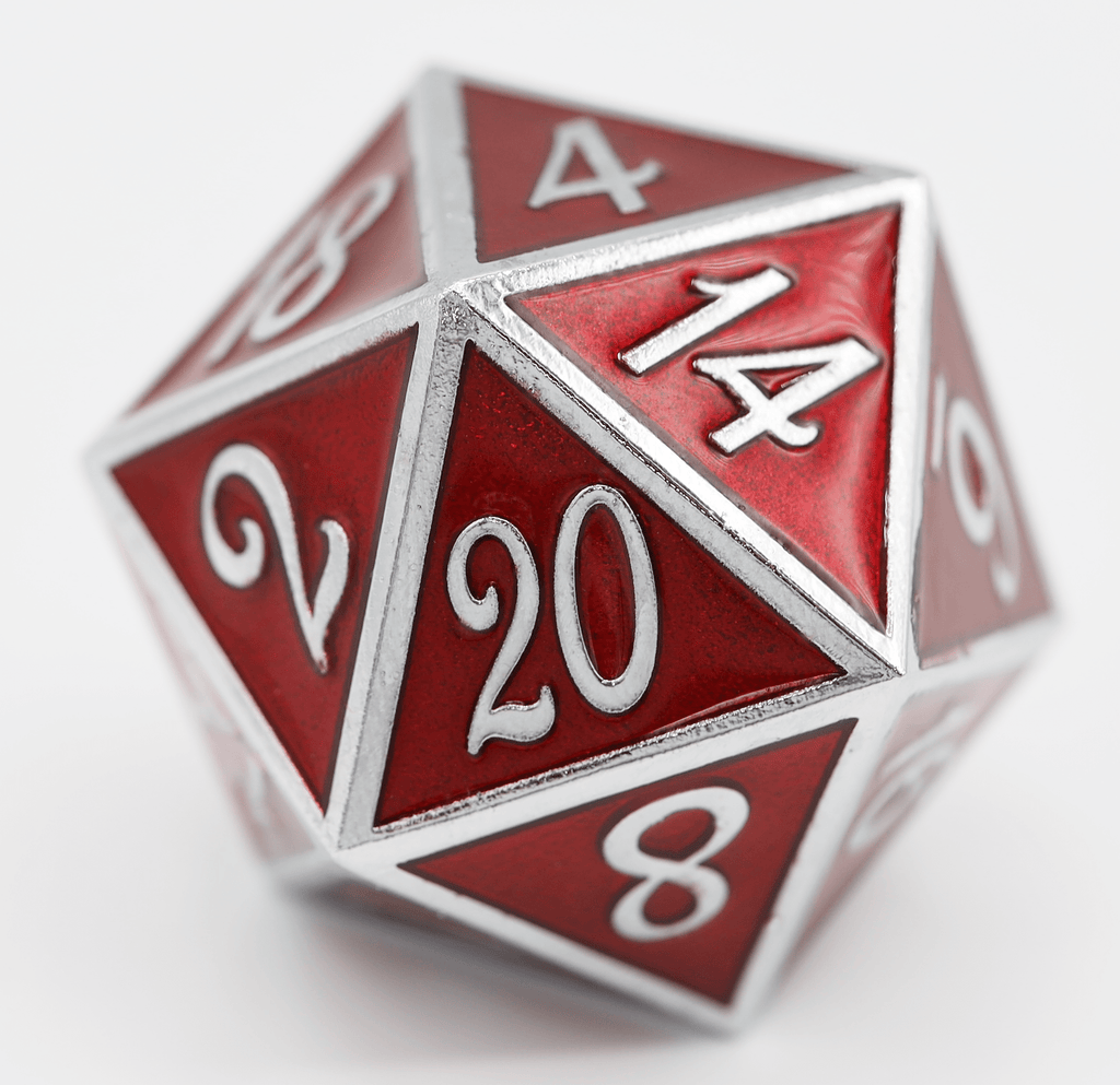 35mm Metal D20 - Silver with Ruby Metal Dice Foam Brain Games