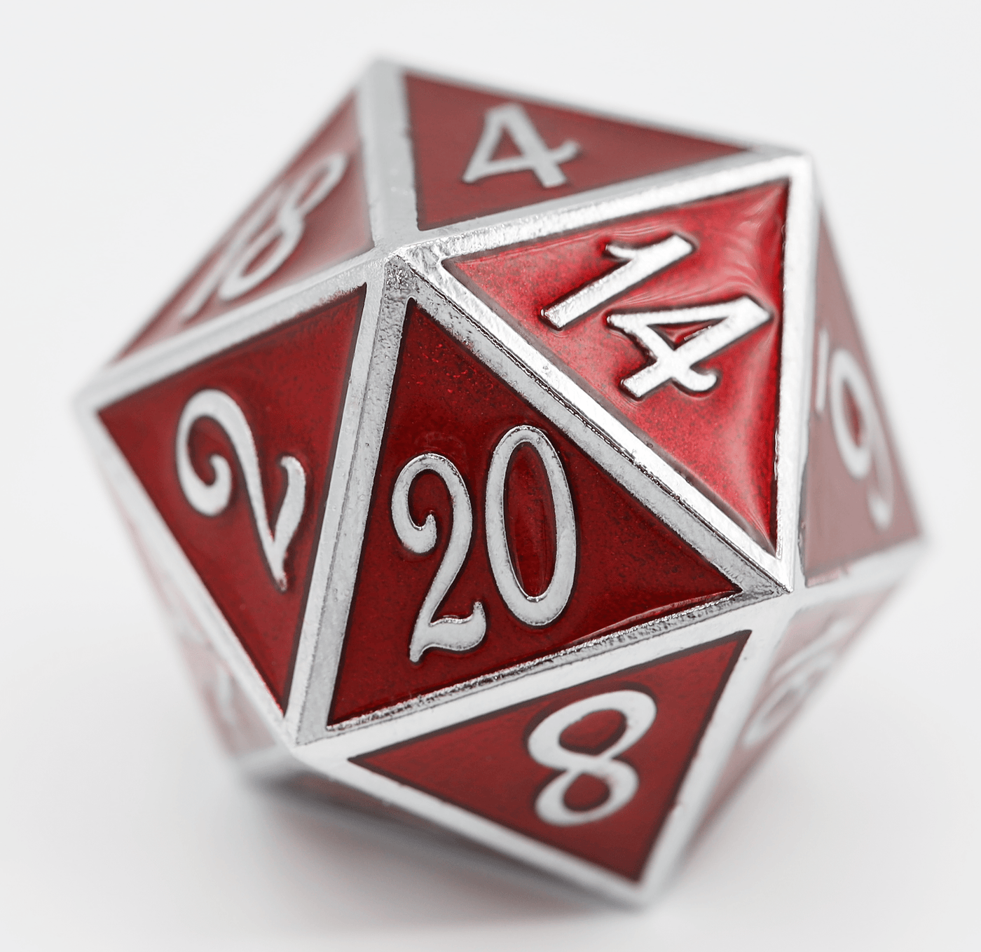 35mm Metal D20 - Silver with Ruby Metal Dice Foam Brain Games