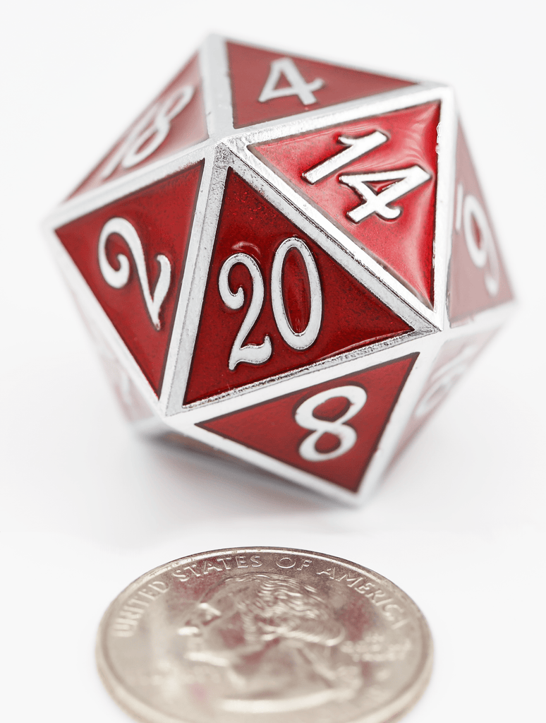 35mm Metal D20 - Silver with Ruby Metal Dice Foam Brain Games