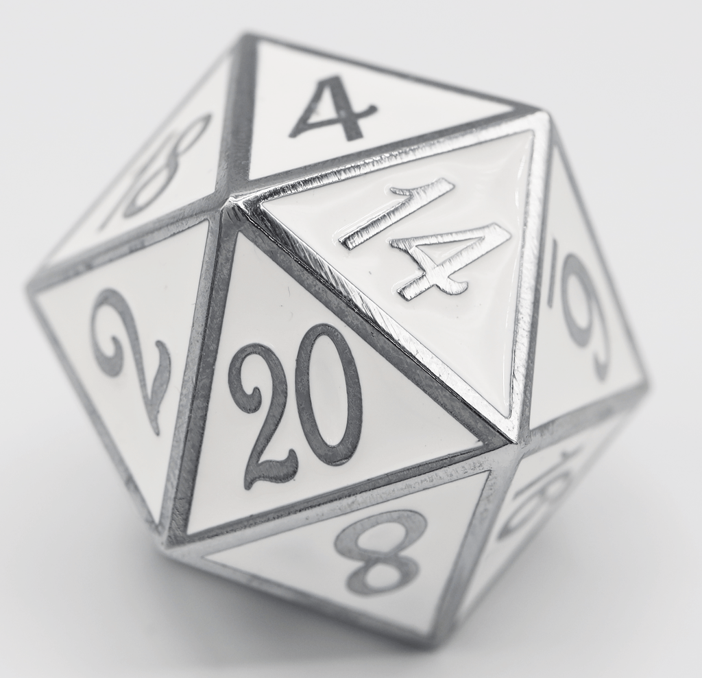 35mm Metal D20 - Silver with White Metal Dice Foam Brain Games