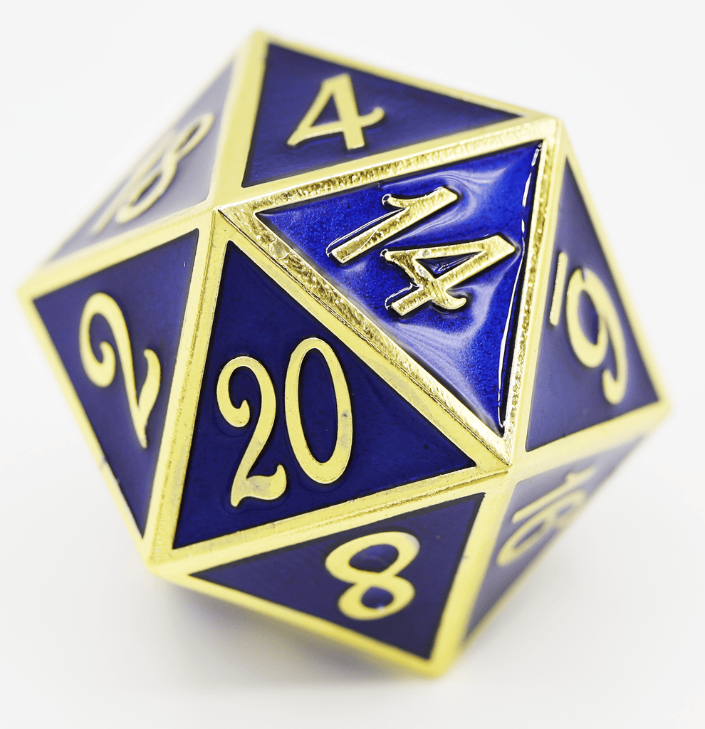 35mm Metal D20 - Gold with Sapphire Metal Dice Foam Brain Games