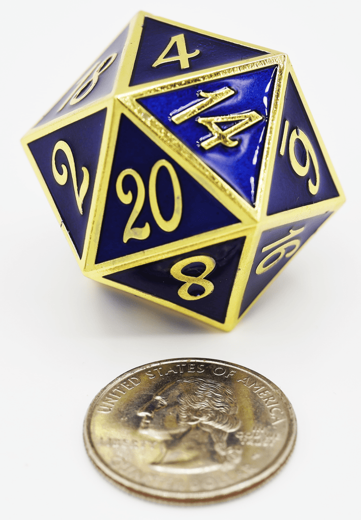 35mm Metal D20 - Gold with Sapphire Metal Dice Foam Brain Games