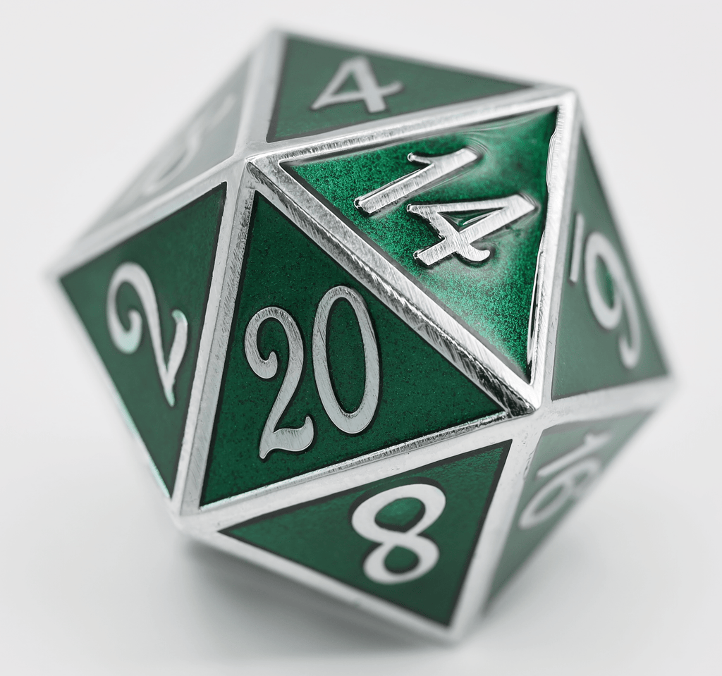 35mm Metal D20 - Silver with Emerald Metal Dice Foam Brain Games