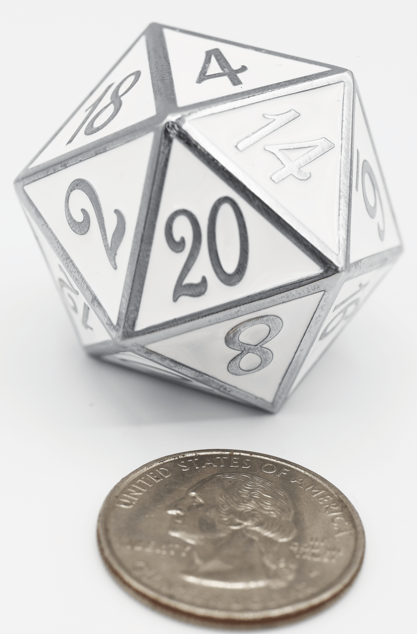 35mm Metal D20 - Silver with White Metal Dice Foam Brain Games