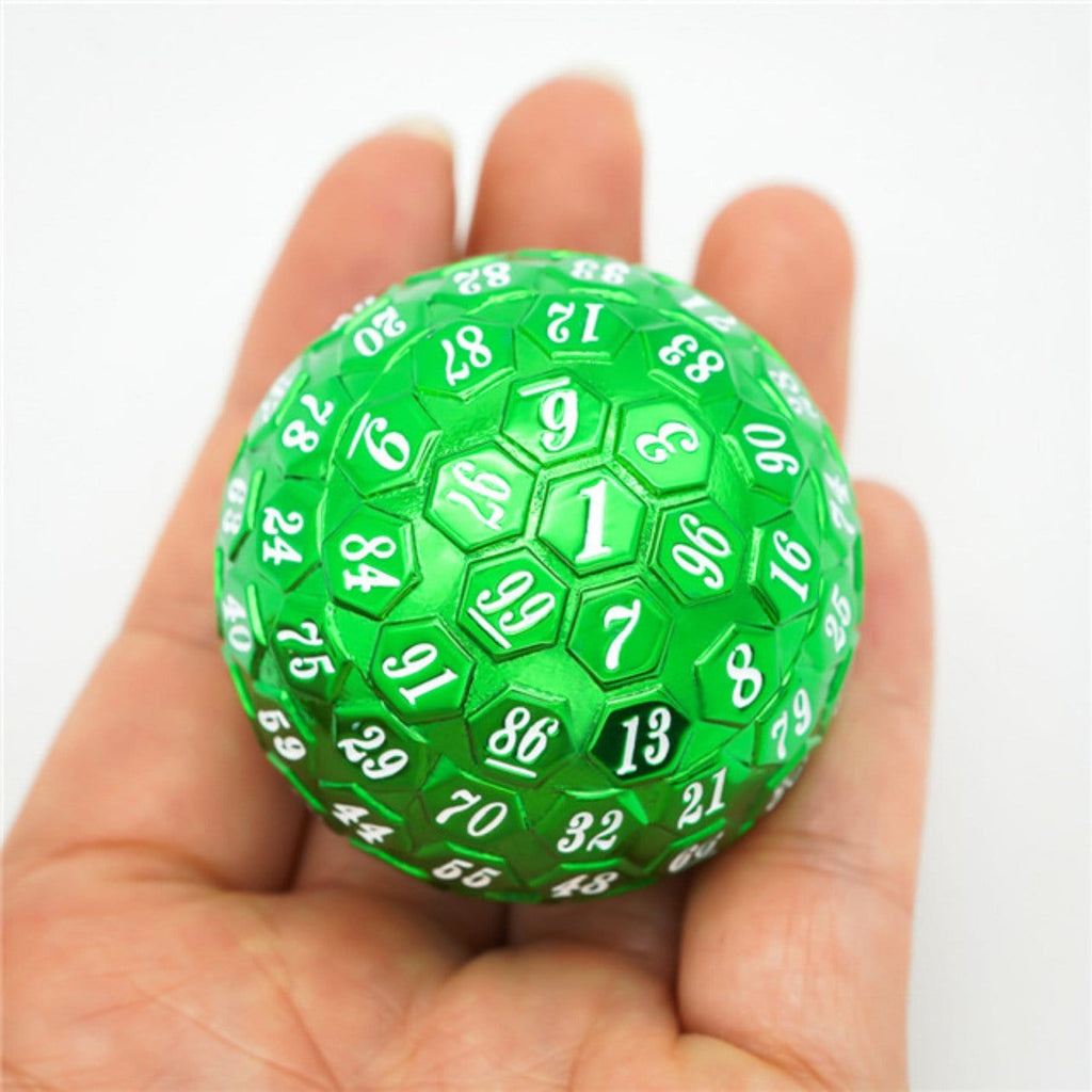 45mm Metal D100 - Green with White Font Metal Dice Foam Brain Games