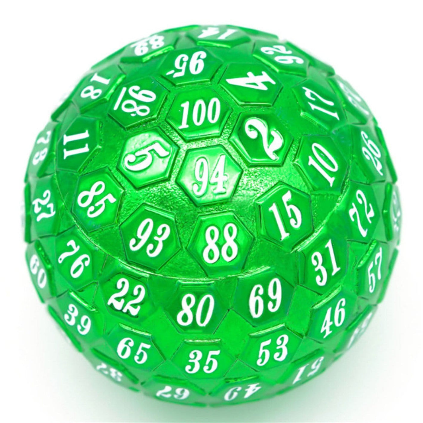 45mm Metal D100 - Green with White Font Metal Dice Foam Brain Games