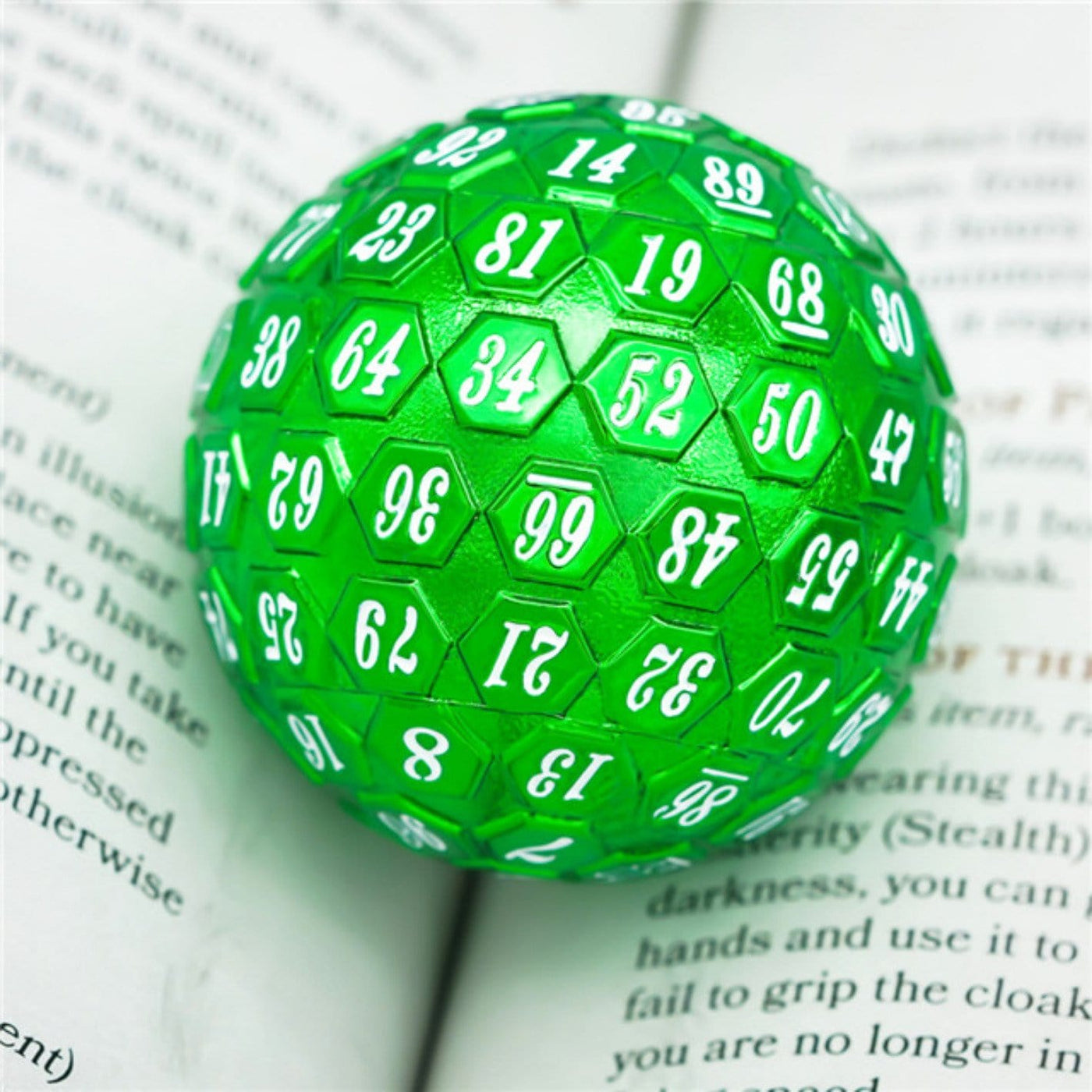 45mm Metal D100 - Green with White Font Metal Dice Foam Brain Games