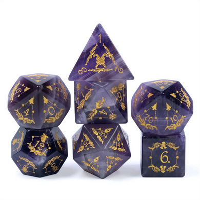 Amethyst with Embellishment - Gemstone Engraved with Gold Stone Dice Foam Brain Games