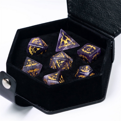 Amethyst with Embellishment - Gemstone Engraved with Gold Stone Dice Foam Brain Games