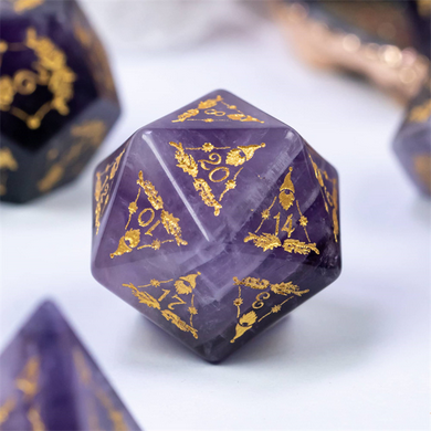 Amethyst with Embellishment - Gemstone Engraved with Gold Stone Dice Foam Brain Games