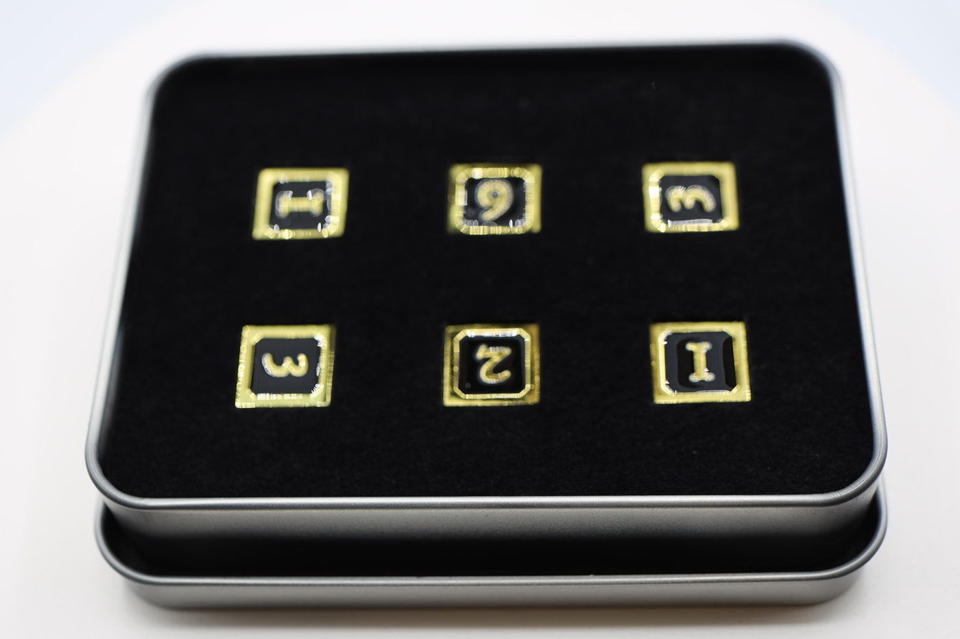 6 piece Metal D6's - Black and Gold Metal Dice Foam Brain Games