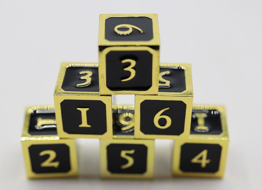 6 piece Metal D6's - Black and Gold Metal Dice Foam Brain Games