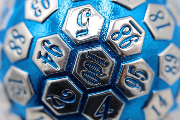 45mm Metal D100 - Blue & Silver Metal Dice Foam Brain Games