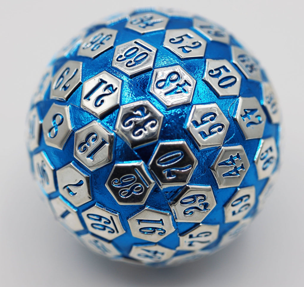 45mm Metal D100 - Blue & Silver Metal Dice Foam Brain Games