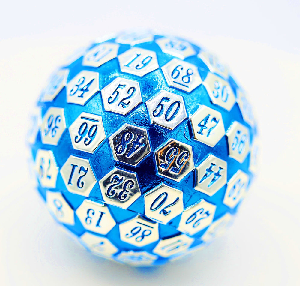 45mm Metal D100 - Blue & Silver Metal Dice Foam Brain Games