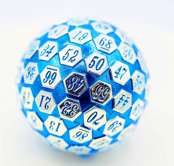 45mm Metal D100 - Blue & Silver Metal Dice Foam Brain Games