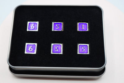 6 piece Metal D6's - Purple and Silver Metal Dice Foam Brain Games