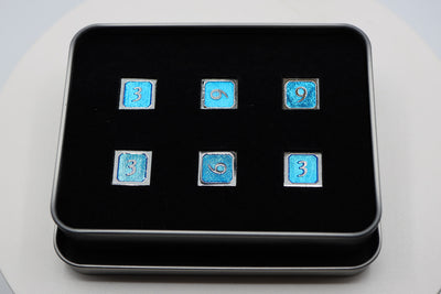 6 piece Metal D6's - Blue and Silver Metal Dice Foam Brain Games