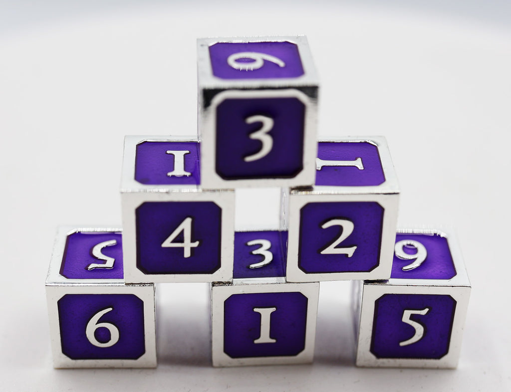 6 piece Metal D6's - Purple and Silver Metal Dice Foam Brain Games