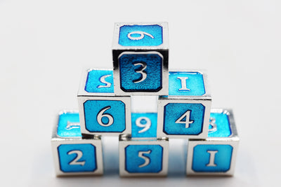 6 piece Metal D6's - Blue and Silver Metal Dice Foam Brain Games