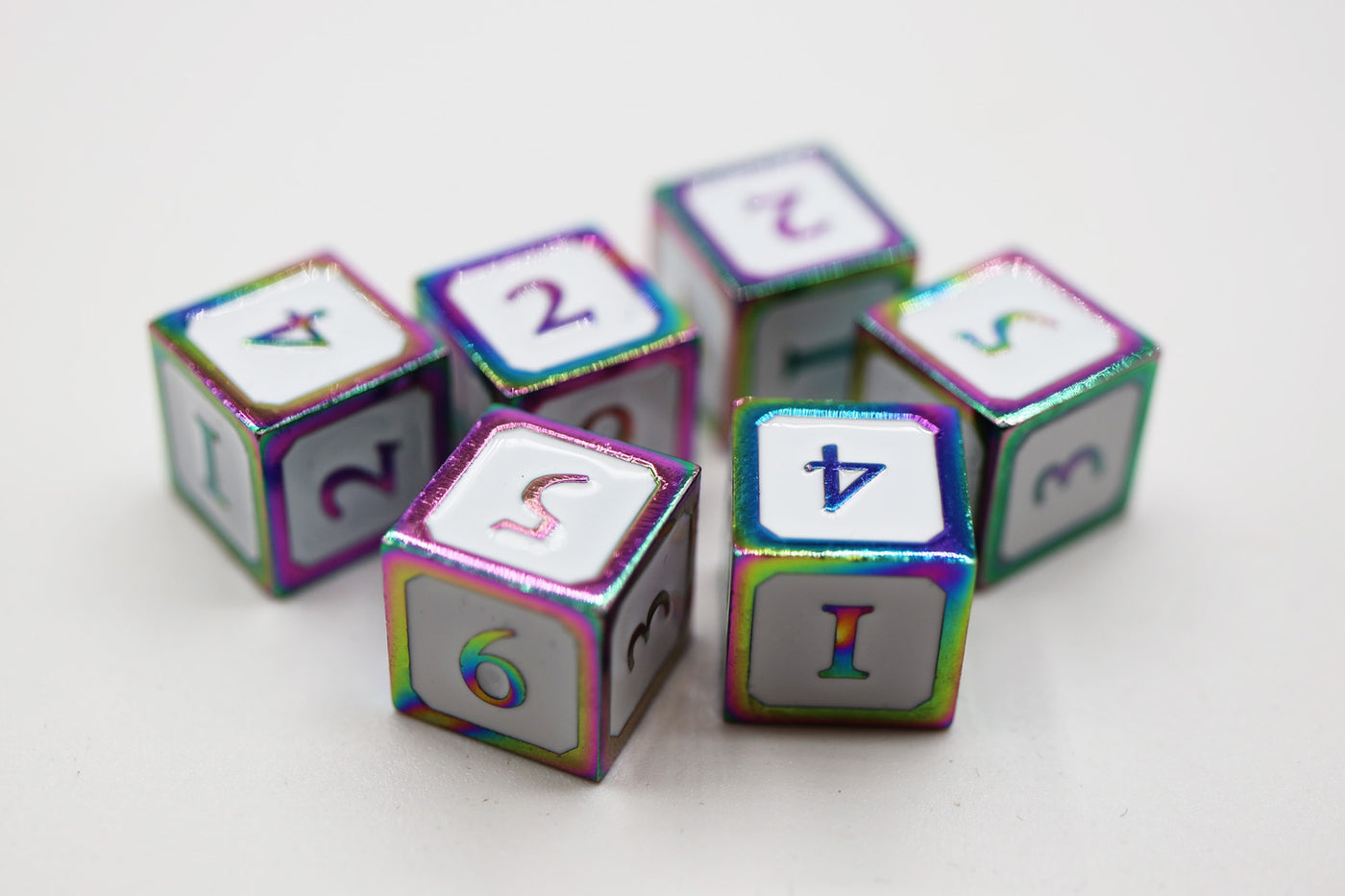 6 piece Metal D6's - White and Burnt Opal Metal Dice Foam Brain Games
