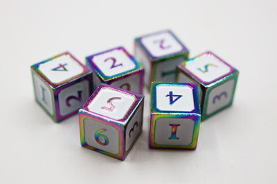 6 piece Metal D6's - White and Burnt Opal Metal Dice Foam Brain Games
