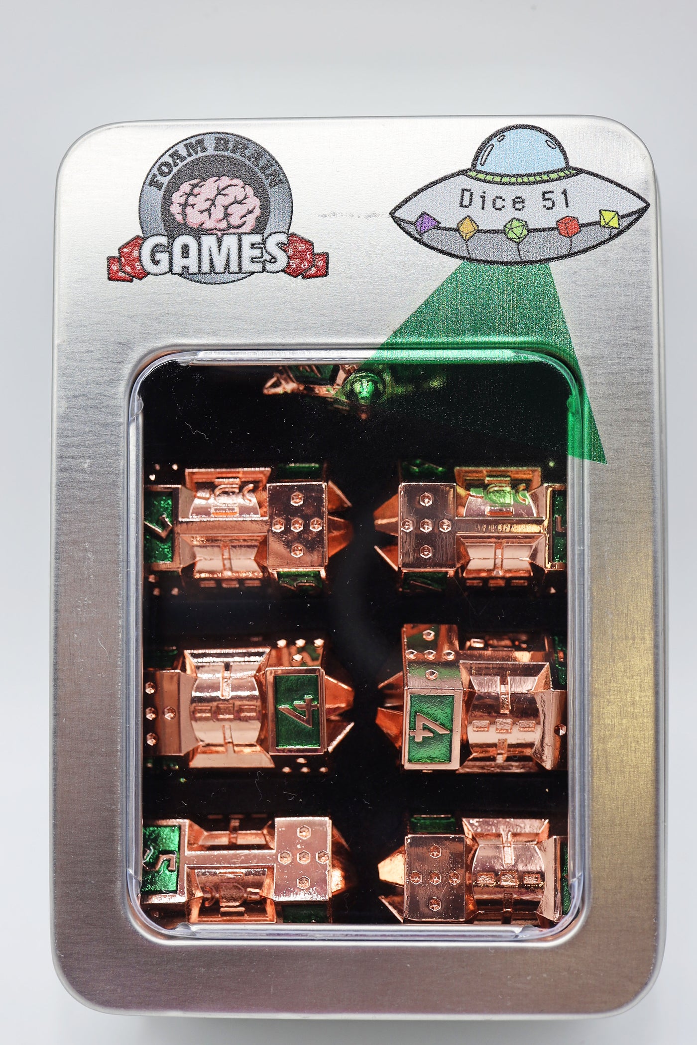 Dice 51: Emerald Meteor Shower - Metal CCG Dice Set Metal Dice Foam Brain Games