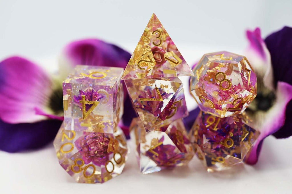 Sharp Edge Resin RPG Dice Set - Purple Lotus Plastic Dice Foam Brain Games