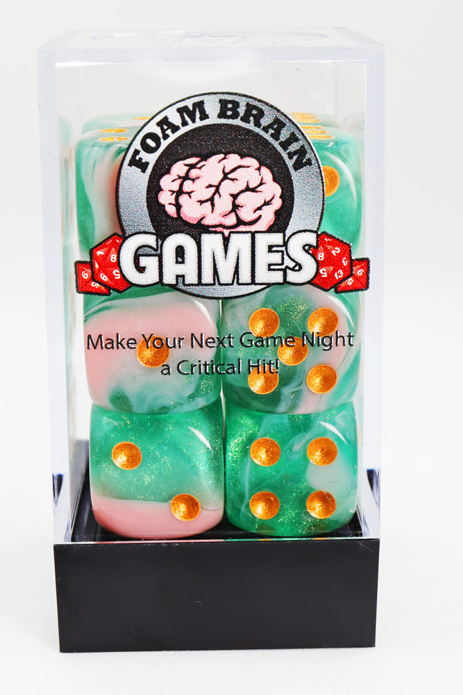 12 piece Pip D6's - Glow Wyrm Glitter Plastic Dice Foam Brain Games