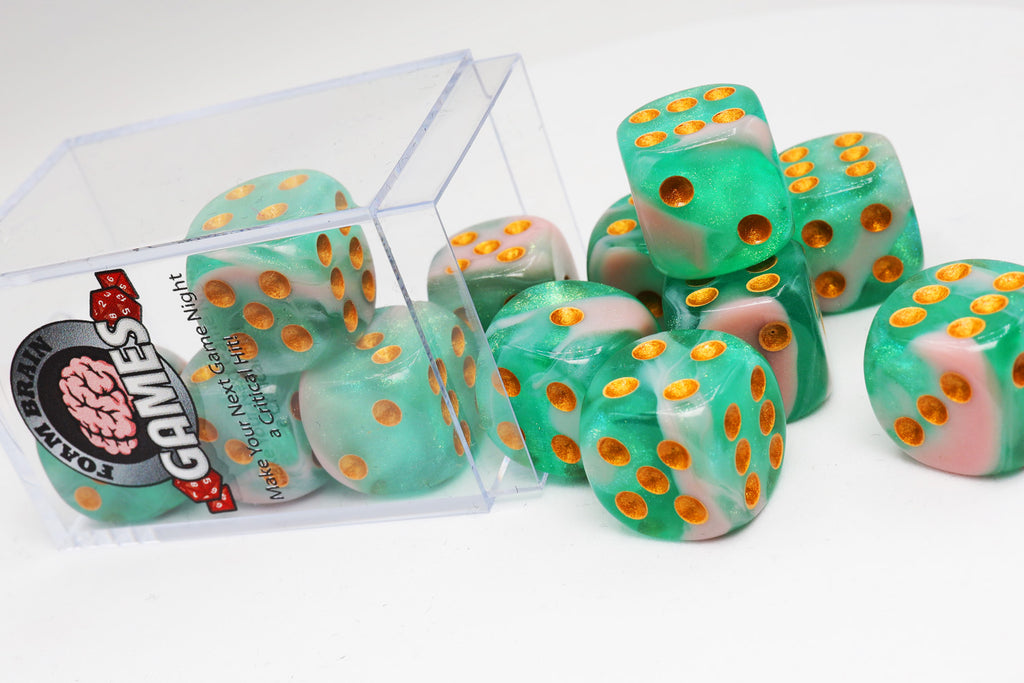 12 piece Pip D6s - Glow Wyrm Glitter Plastic Dice Foam Brain Games