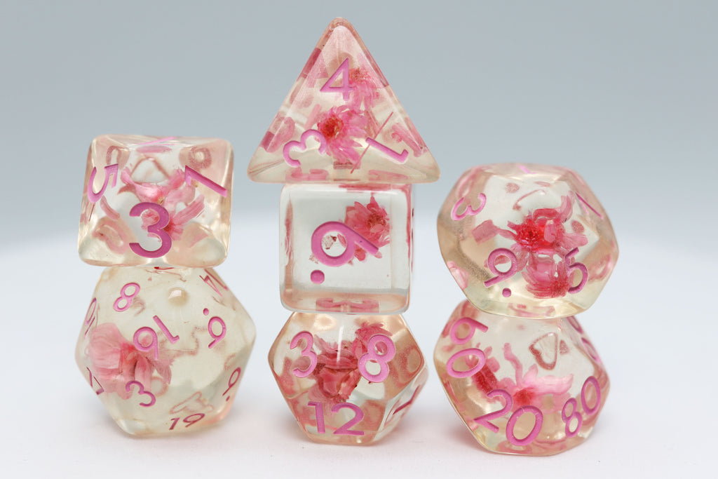 Pink Flowers RPG Dice Set Plastic Dice Foam Brain Games