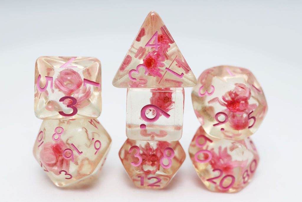 Pink Flowers RPG Dice Set Plastic Dice Foam Brain Games