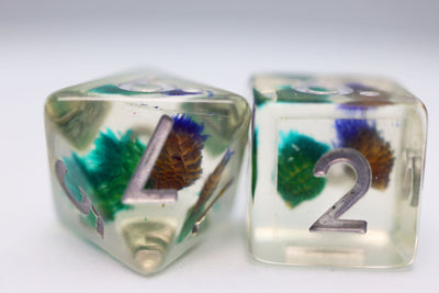 Green and Purple Flower RPG Dice Set Plastic Dice Foam Brain Games