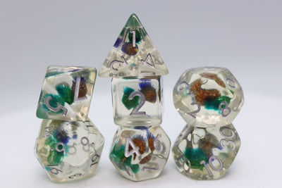 Green and Purple Flower RPG Dice Set Plastic Dice Foam Brain Games