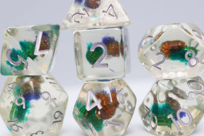 Green and Purple Flower RPG Dice Set Plastic Dice Foam Brain Games