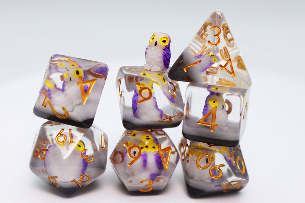 Purple Owl RPG Dice Set Plastic Dice Foam Brain Games