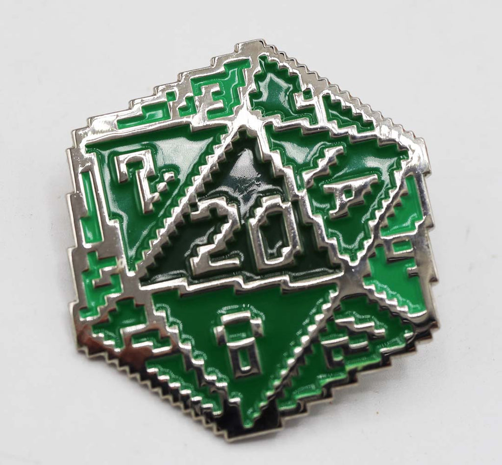 D20 Pin - 8 Bit Green Enamel Pin Foam Brain Games